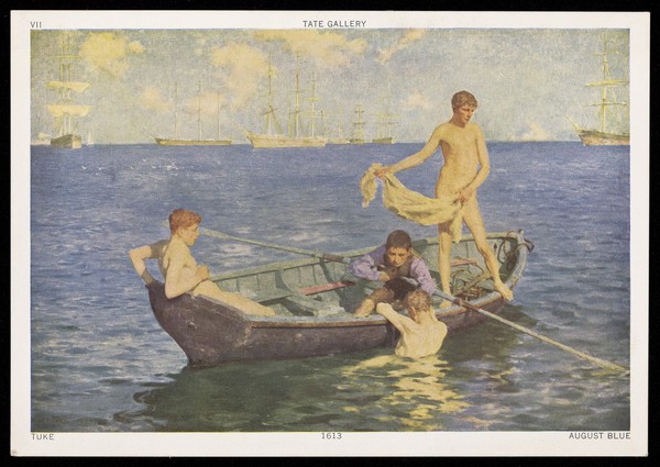 "August Blue" by H.S. Tuke. Colour process print, 196-.