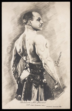 The strongman Alexander Zass, called "Samson", seen partially from behind. Process print after K. Barber, 1928.