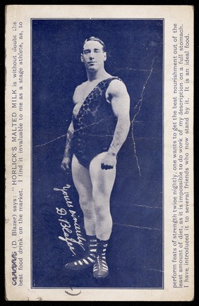 Coronis (D. Blazer), a strongman, advertising Horlick's Malted Milk drink. Process print, 19--.