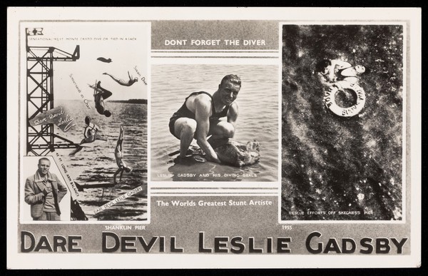 Leslie Gadsby, a stunt artist, in three photographs. Photographic postcard, 1955.