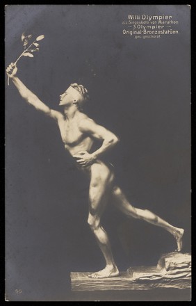 Willi Olympier (of the Three Olympier Brothers) posed as a sculpture of a marathon runner by Maz Kruse. Photographic postcard, 1906.