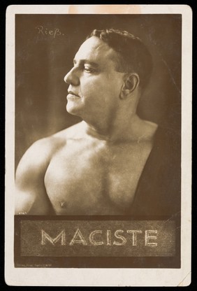 Bartolomeo Pagano as "Maciste", a strongman. Photographic postcard by F. Riess, 1919-1924.