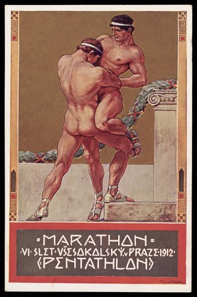 Two nude Greco-Roman wrestlers. Colour process print, 1912.