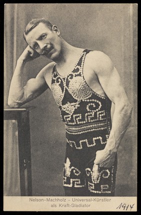 Tony Nelson-Machholz, a strongman and acrobat, rests his head on his fist. Process print, 1914.