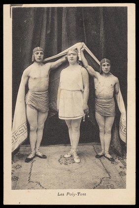 Three acrobats, called "Les Poly-Toss". Process print, 192-.