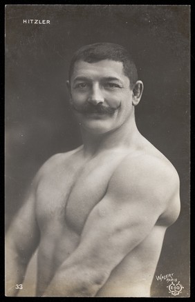 Michael Hitzler, a wrestler. Photographic postcard by Walery, 19--.