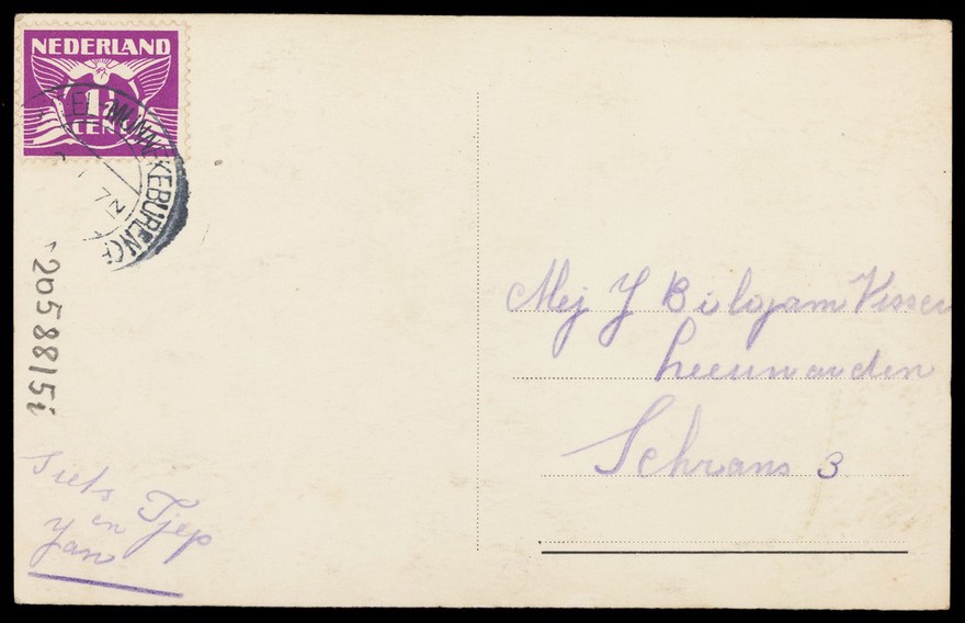 A man holding flowers and a horseshoe; representing a romantic new year. Coloured photographic postcard, 192-.