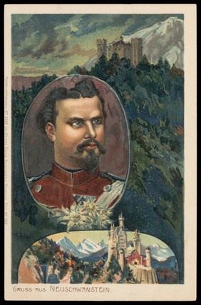 King Ludwig II of Bavaria and Neuschwanstein castle. Colour process print, 190-.