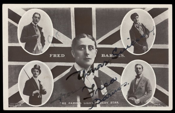 Fred Barnes, inset in various poses, over a Union Jack flag. Photographic postcard, ca. 1912.