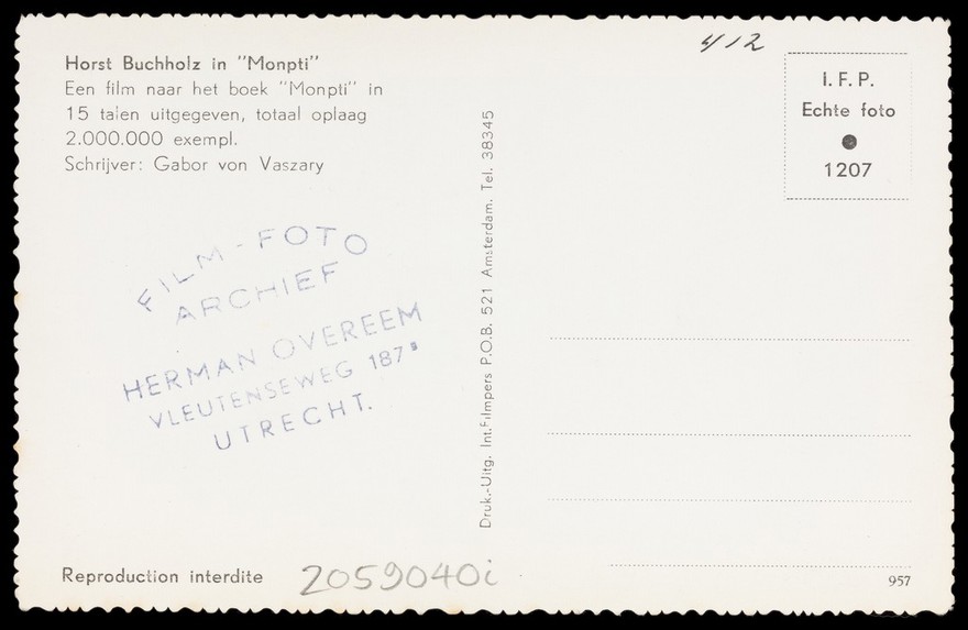Horst Buchholz. Photographic postcard, 195-.