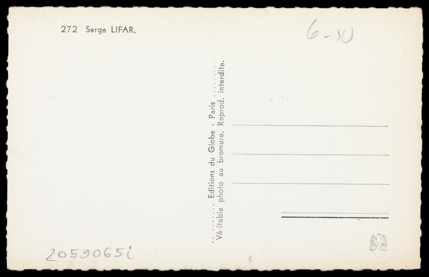 Serge Lifar. Photographic postcard by C. Harcourt, ca. 1930.
