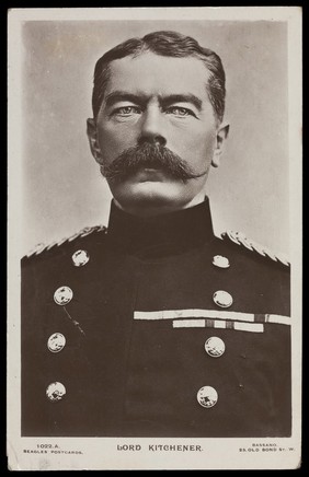 Horatio Herbert Kitchener, Lord Kitchener. Photographic postcard by Bassano, 1916.