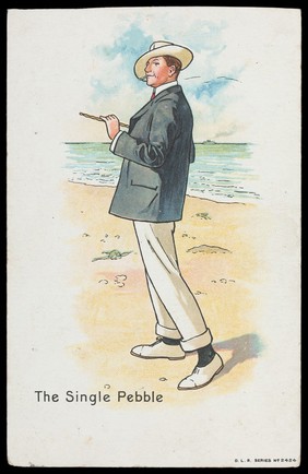 A man on a beach wearing smart attire. Colour process print, 192-.