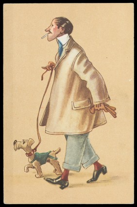 A man dressed in effeminate fashions, with a dog. Colour process print, 192-.