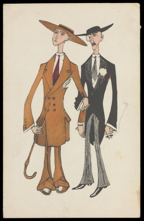 Two men in fashionable dress with linked arms. Coloured process print, 191--.