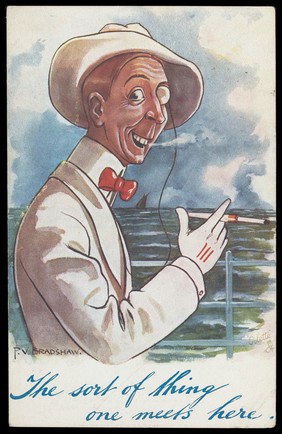 A man in a white suit smoking by the sea. Colour process print after P.V. Bradshaw, 1908.