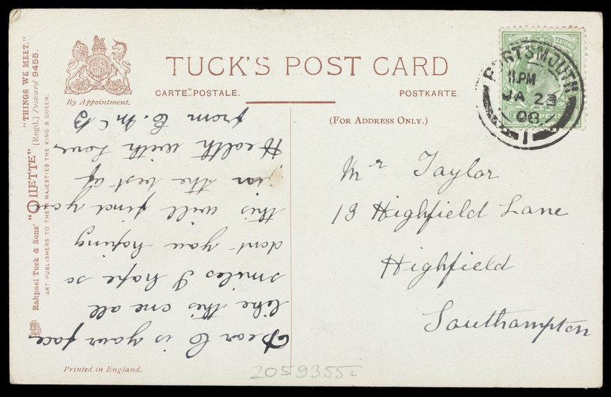 A man in a white suit smoking by the sea. Colour process print after P.V. Bradshaw, 1908.