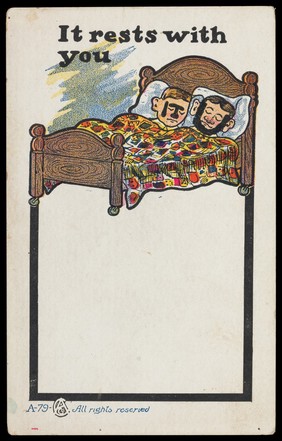 Two men sleeping in the same bed; representing rest. Colour lithograph, 190-.