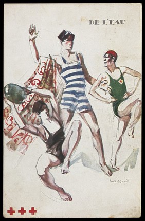 Men in swimming costumes. Colour process print after A. Massonet, 192-.