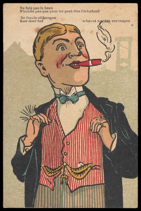 A dandy wearing a ring on each hand while smoking a cigar. Colour process print, ca. 1905.