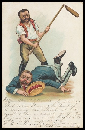 A man beating another man with a long wooden paddle. Colour lithograph, 190-.