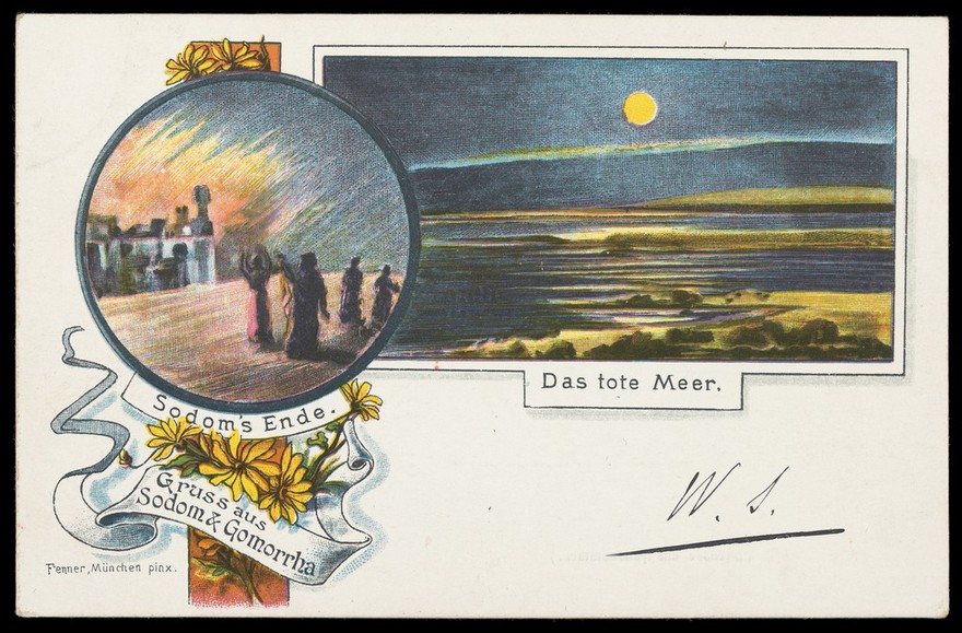 The destruction of Sodom; and the supposed location of Sodom and Gomorrha on the Dead Sea. Colour process print after Fenner, 19--.