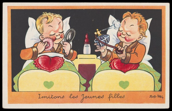 Two boys in single beds applying make-up and perfume to themselves. Colour process print after Rob-Vel, 193-.