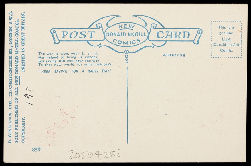 A park keeper is complaining to a young woman about "pansies" (homosexuals). Colour process print, 195-, after D. McGill, 193-.