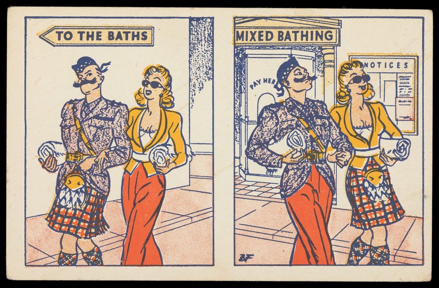 A Scotsman and his female companion swap his kilt and her trousers after going to the public baths. Colour process print after BF, 195-.