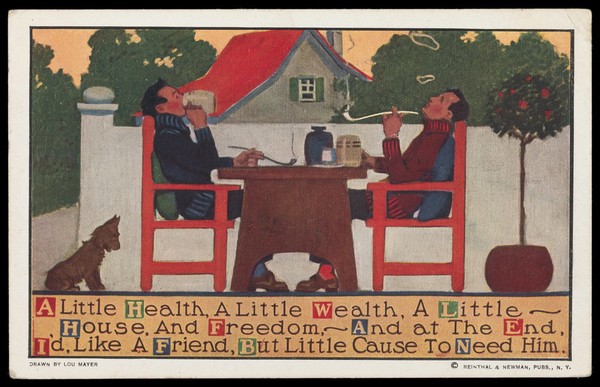 Two men relaxing outside in a garden, sharing a table and in the company of a dog. Colour process print after L. Mayer, 191-.