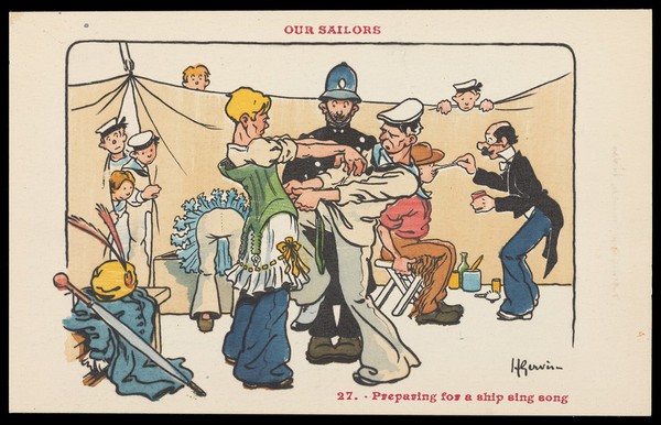 Sailors preparing for a concert party performance. Coloured process print after H. Gervise, 191-.