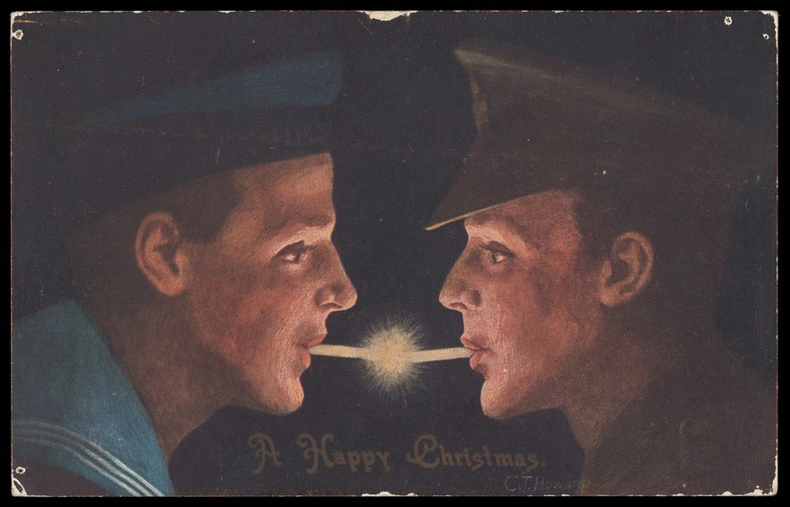 A sailor and a soldier face to face lighting each other's cigarettes. Colour process print after C.T. Howard, 191-.