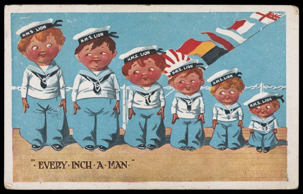 Boys dressed as sailors in a line, varying in height. Colour process print, 191-.