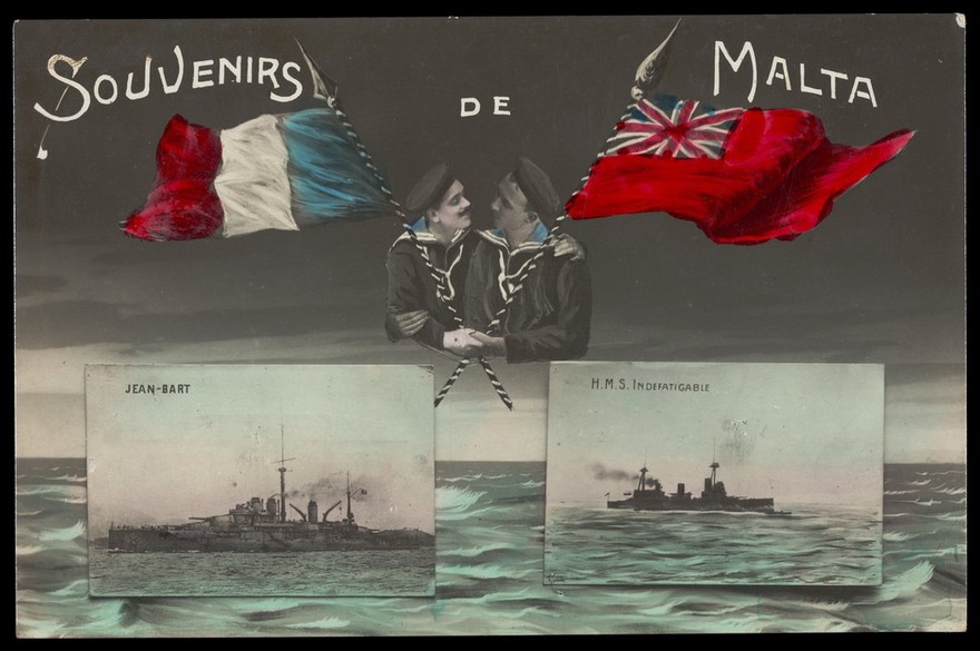 A French and a British sailor embrace, with their ships inset below; representing alliance between the French and British navies. Coloured photographic postcard, 191-.