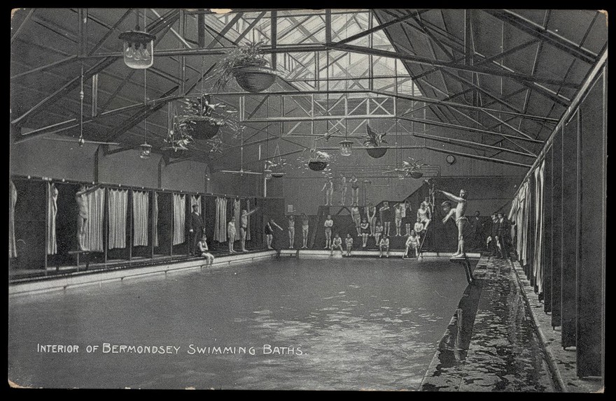 Bermondsey swimming baths: interior. Photographic postcard, ca. 1906.