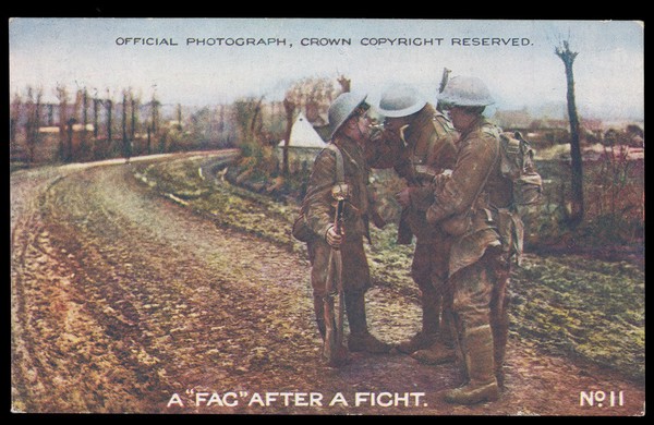World War I: three soldiers, one lighting his cigarette from another's. Colour process print, 19--.