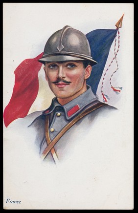 A French soldier in front of the French flag. Colour process print, 191-.