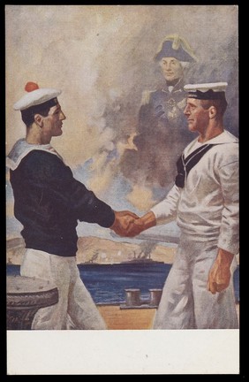 A French and a British sailor clasping hands in front of the spirit of Lord Nelson; representing Anglo-French naval cooperation in World War I. Colour process print, 191-.