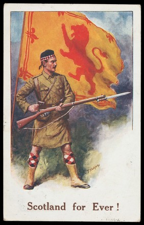 A Scottish soldier stands holding his rifle. Colour process print after C.T. Howard, ca. 1915.