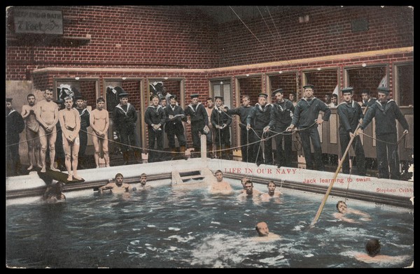 Naked sailors having swimming lessons in Portsmouth, supported by ropes held by clothed sailors standing around the pool. Colour process print after J.S. Cribb, 190-.