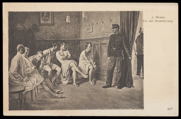 Candidates fit for military service awaiting a medical assessment, 1897. Process print after Jos. Straka, 1904.