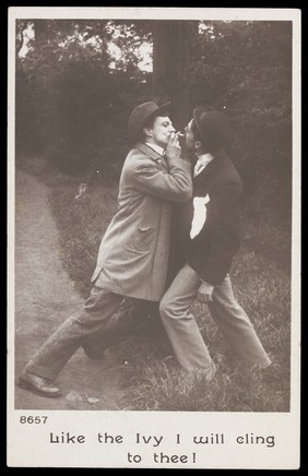 Two drunk men (played by actors) swear undying friendship. Photographic postcard, ca. 1905.