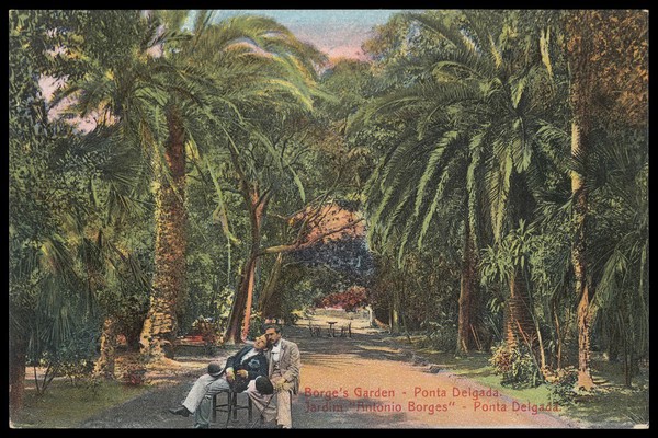 Jardim António Borges, Ponta Delgada, São Miguel Island: two men sitting together in the garden. Colour process print, 191-.