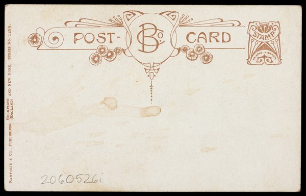 Two men dressed in drag having a conversation: one is injured as a result of wife-beating. Colour lithograph, 1908.