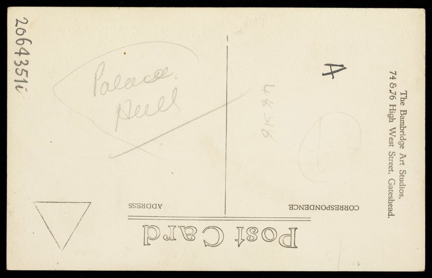 A man in drag singing. Photographic postcard, 193-.