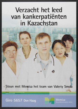 Valeriy Smola and the team of doctors providing palliative care to cancer patients in Kazakhstan. Colour lithograph for Memisa, ca. 199-.