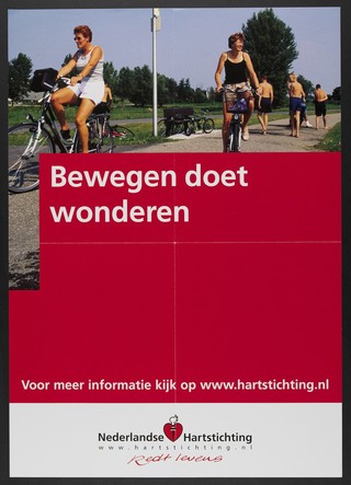 People bicycling and walking in a park in the Netherlands; advertising exercise as preventing heart disease. Colour lithograph for the Nederlandse Hartstichting, ca. 2001.