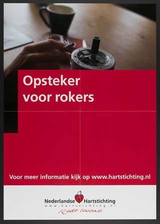 A hand holding a burning cigarette by an ashtray; representing smoking as a cause of heart disease. Colour lithograph for the Nederlandse Hartstichting, ca. 2001.
