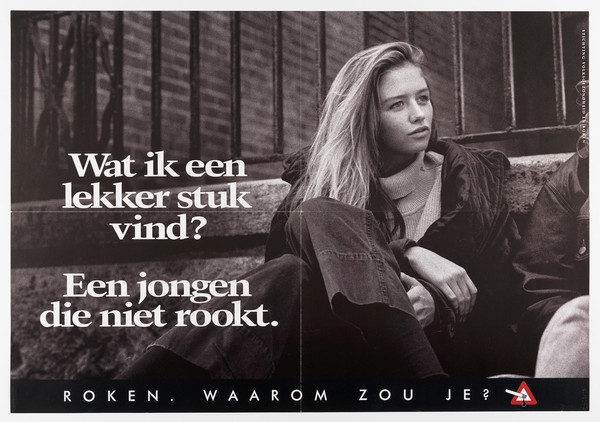 A young woman saying she prefers a young man who does not smoke. Lithograph for Stivoro (Stichting Volksgezondheid en Roken), ca. 2000.