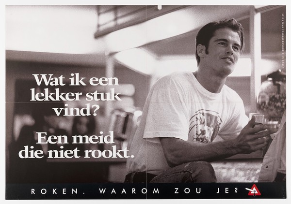 A young man saying he prefers a young woman who does not smoke. Lithograph for Stivoro (Stichting Volksgezondheid en Roken), ca. 2000.